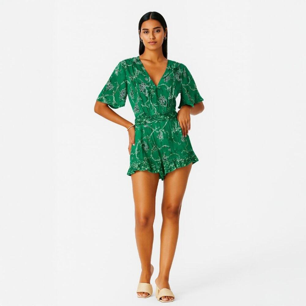 A217 • Green Floral Embroidered Romper